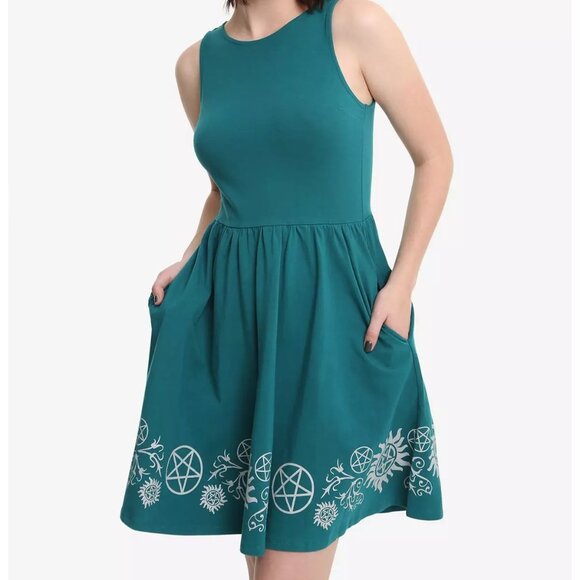 Hot Topic 'Supernatural' Mini Dress Women's Medium Gray Symbols in Teal - Picture 3 of 8
